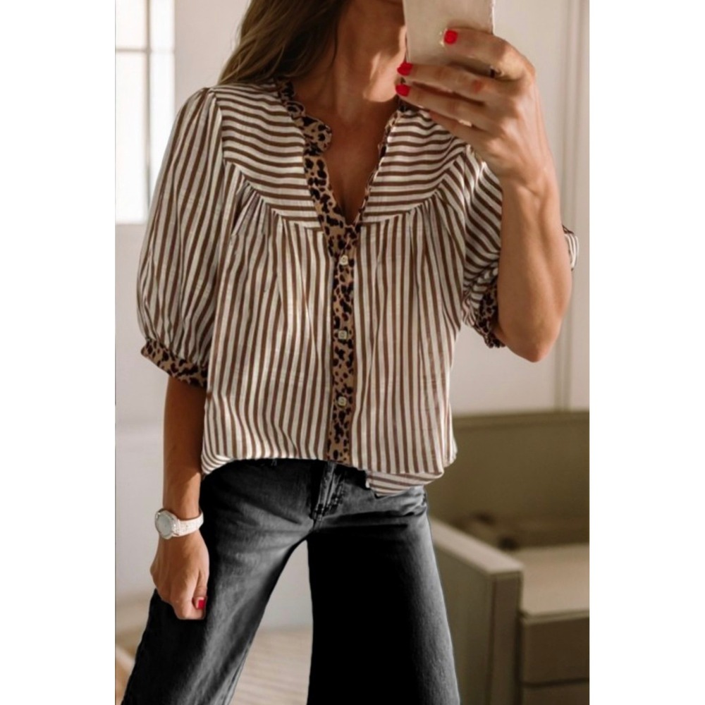 Boutique Small Brown Striped Leopard‎ Print Mixed Media Blouse Short Sleeve Top